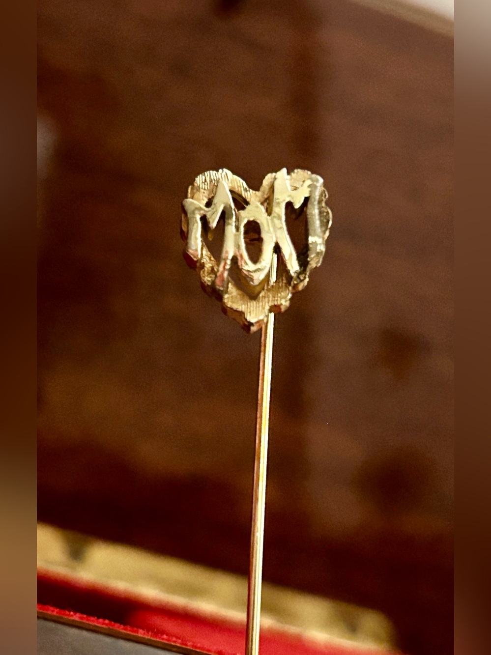 ‘MOM’ Letters  Diamond cut Goldtone Heart Shape Stick Pin - Mother Gift for Her